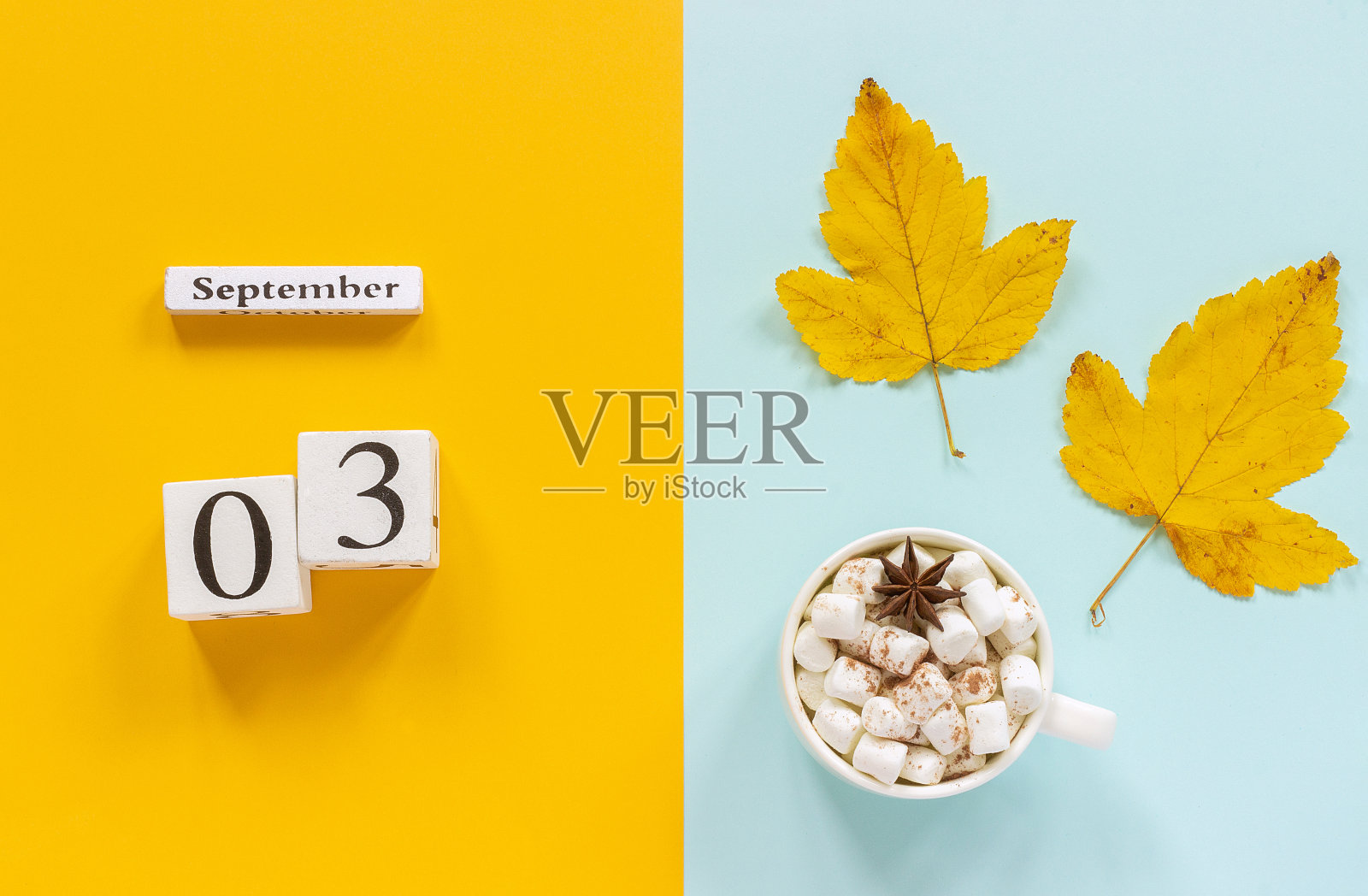 秋天的成分。木制日历9月3日，一杯可可与棉花糖和黄色的秋叶在黄蓝色的背景。俯视图平躺模型概念你好9月照片摄影图片