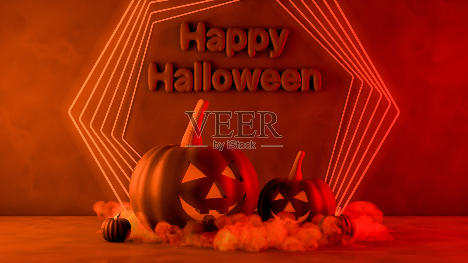 3D南瓜万圣节与幽灵的脸，杰克O'灯笼，烟和霓虹灯照片摄影图片