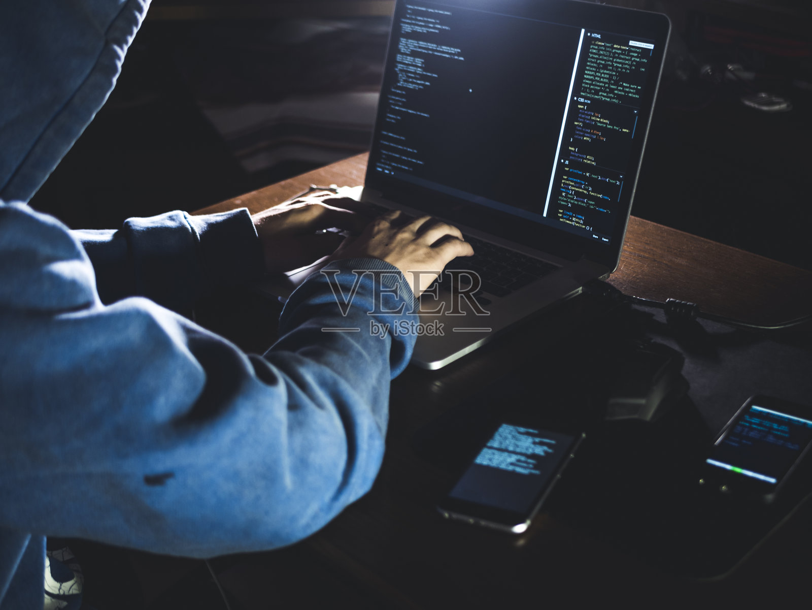 一个匿名的人坐在电脑前用笔记本电脑和手机工作照片摄影图片