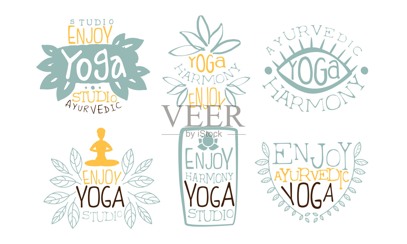 阿育吠陀瑜伽和谐标签集，享受瑜伽冥想工作室手绘徽章矢量插图插画图片素材