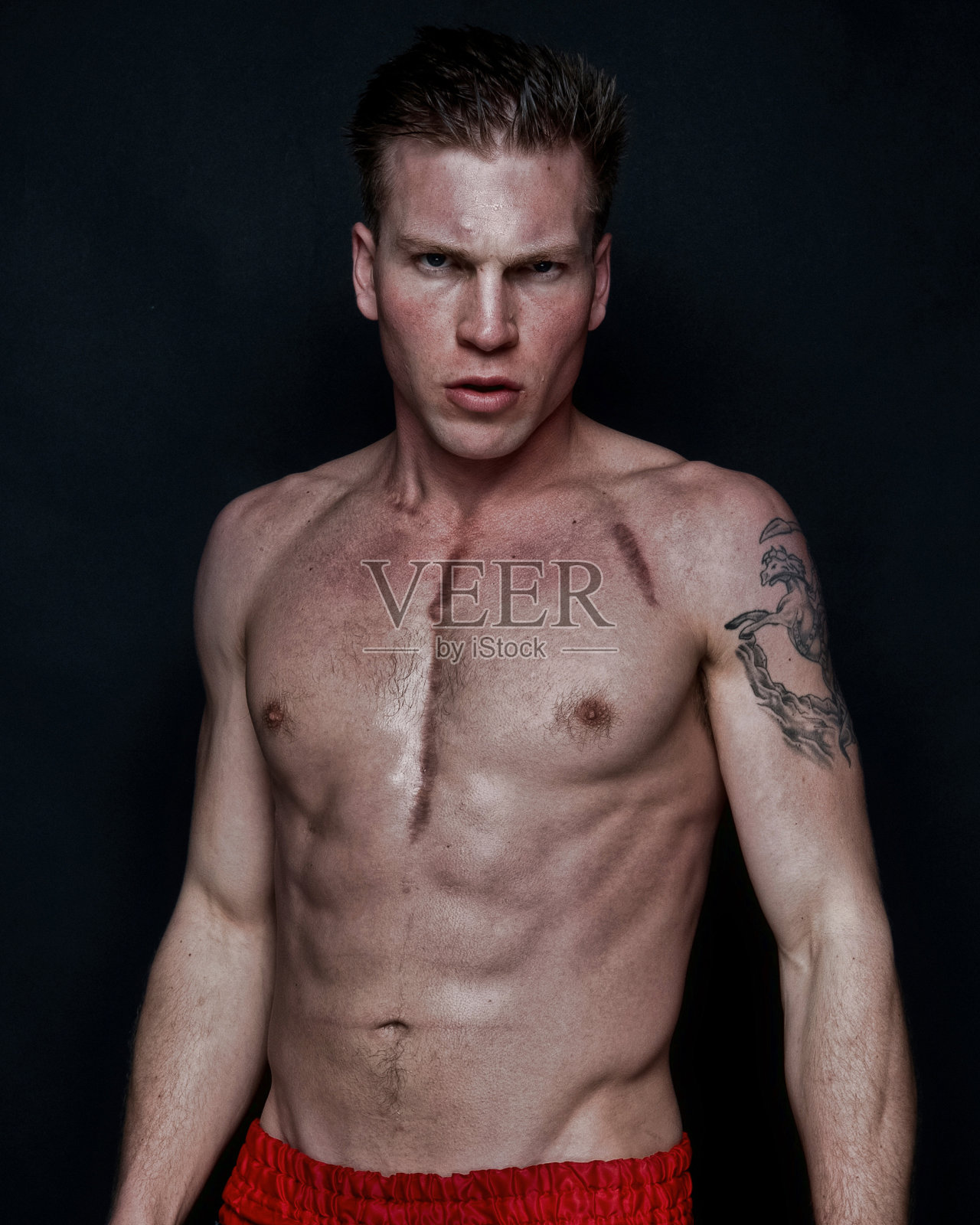 性感的男性拳击手在黑色的背景照片摄影图片