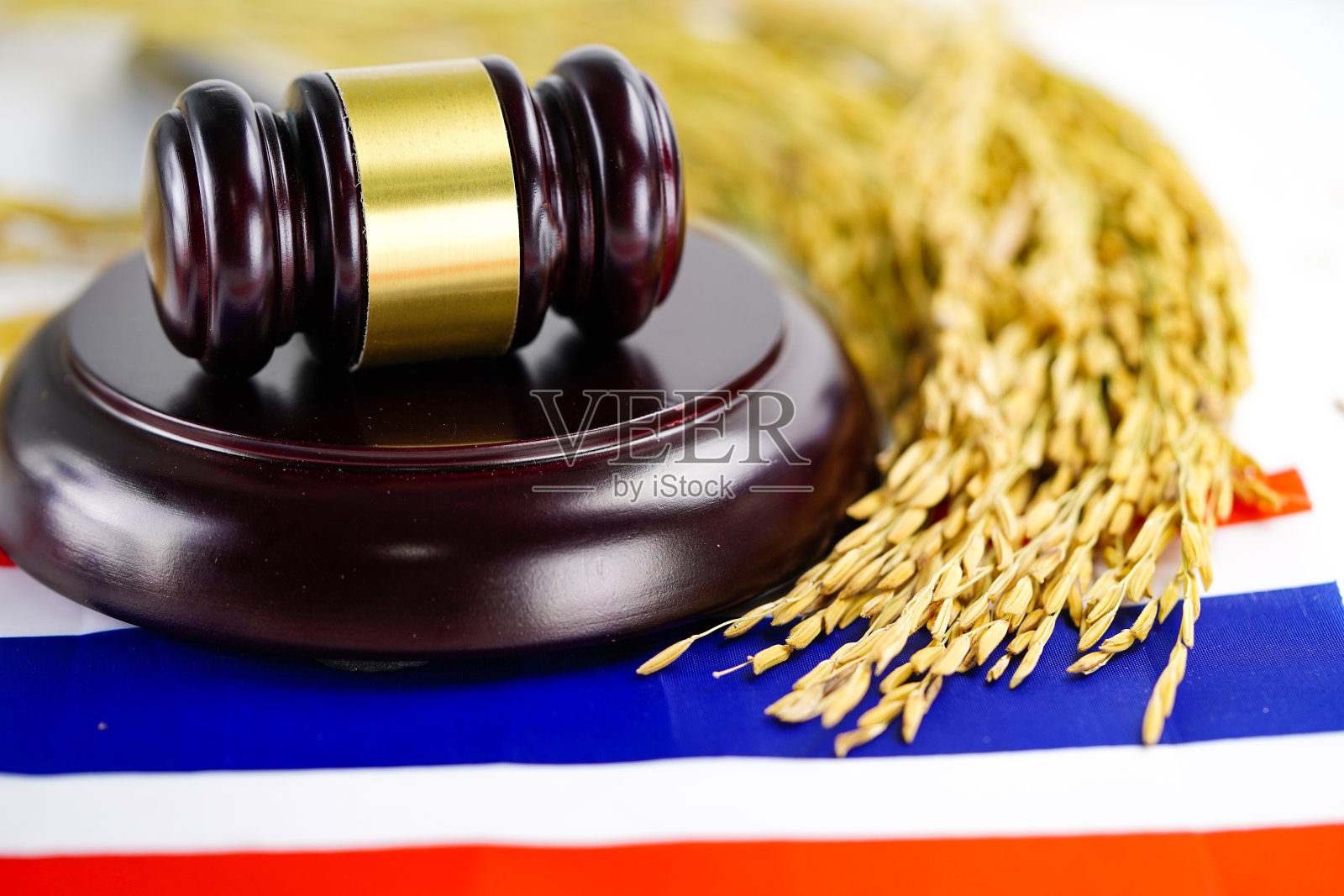 泰国国旗和铁锤与金粒农业农场。法律与法院的概念。照片摄影图片