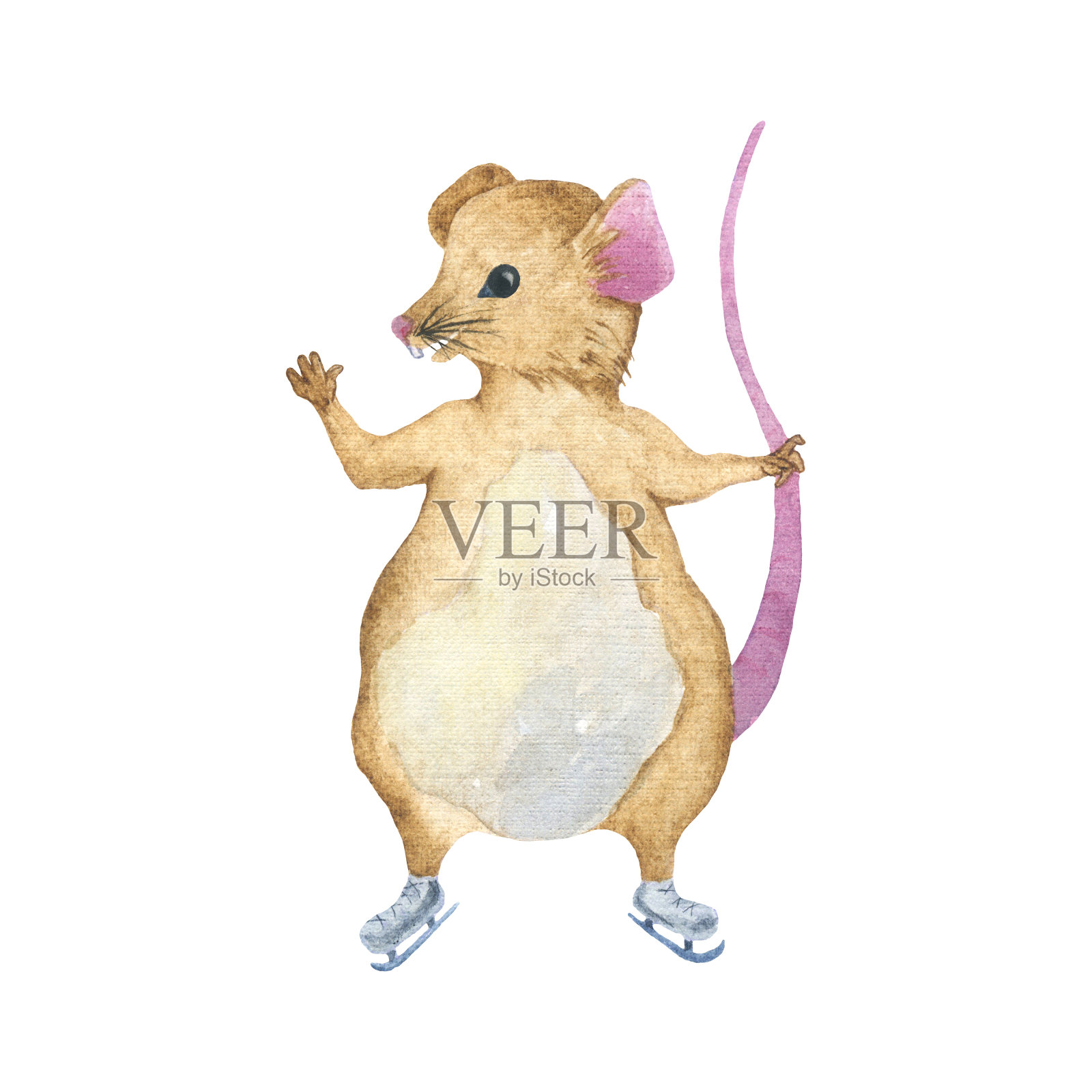 水彩搞笑胖小老鼠滑冰。插画图片素材