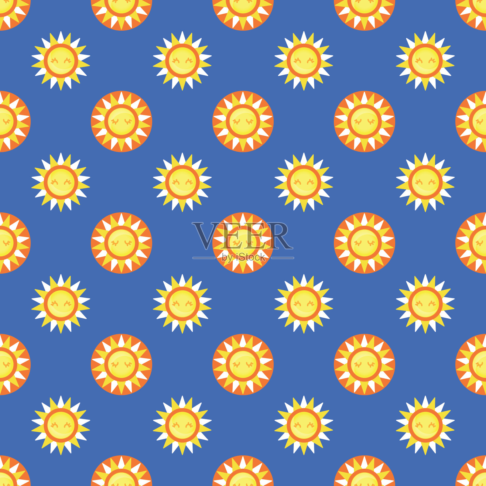 无缝模式与可爱的卡通太阳在蓝色背景。对称的图案。插画图片素材