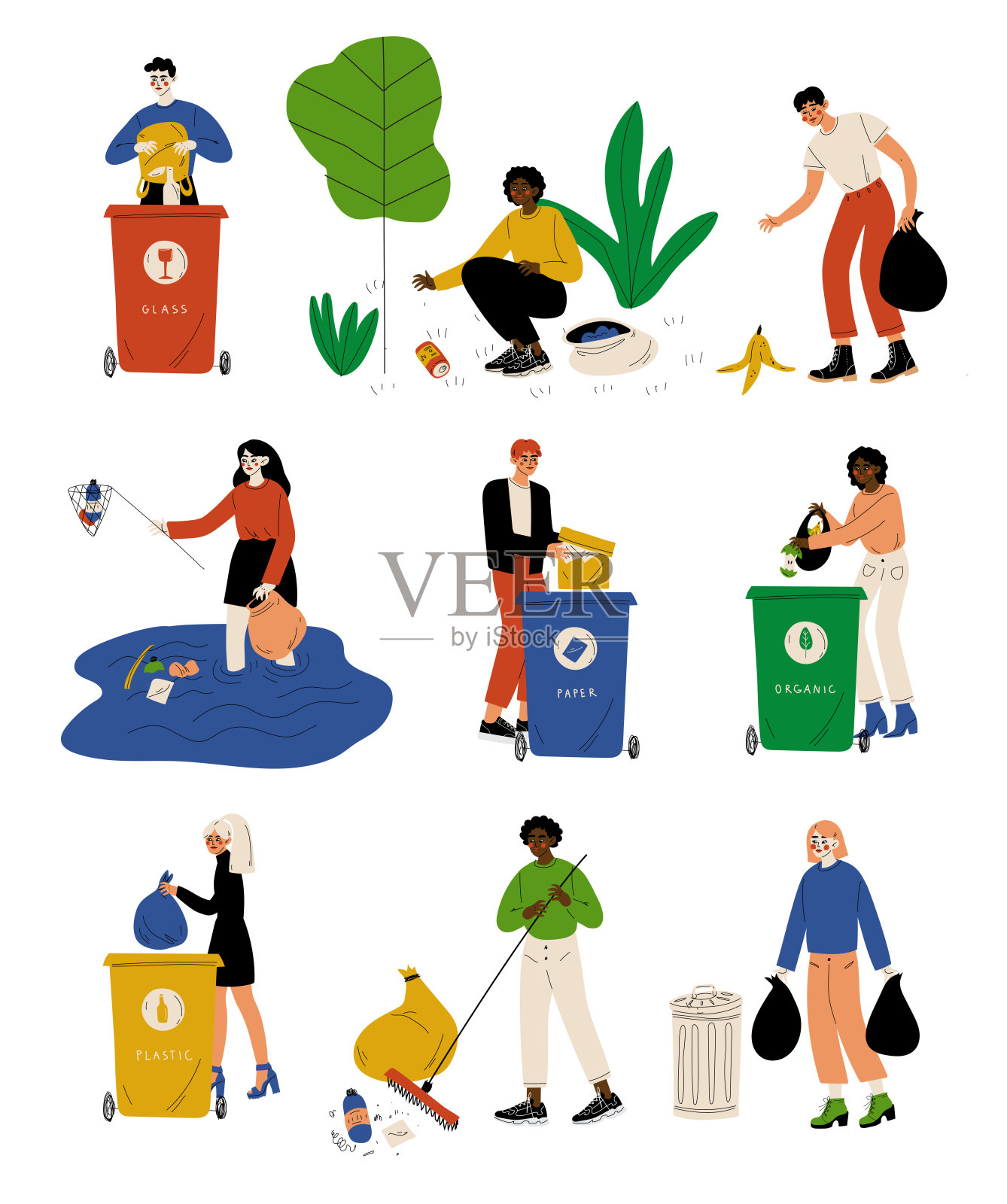 年轻的男人和女人捡起垃圾在户外设置，人们收集和分类垃圾进一步处理矢量插图插画图片素材