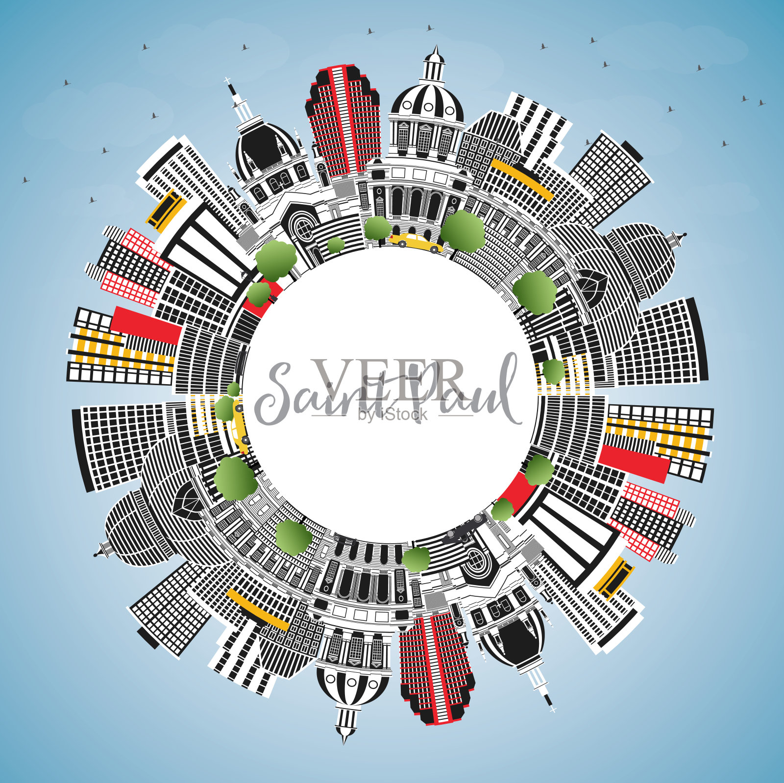 圣保罗明尼苏达城市天际线与灰色建筑，蓝天和复制空间。插画图片素材