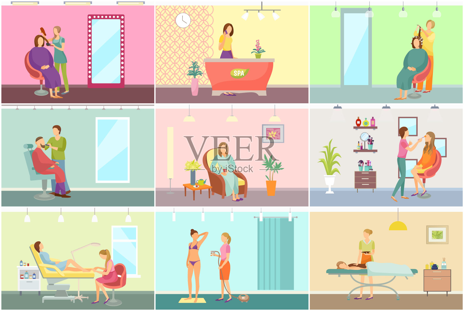 水疗沙龙足疗和理发师海报集合向量插画图片素材