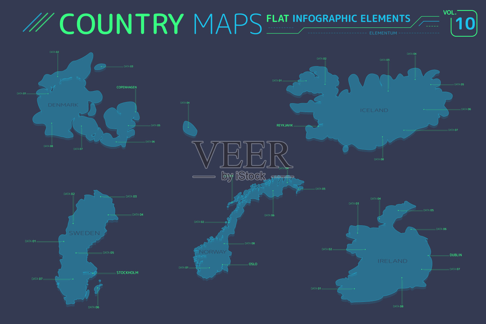瑞典，挪威，丹麦，冰岛和爱尔兰矢量地图插画图片素材