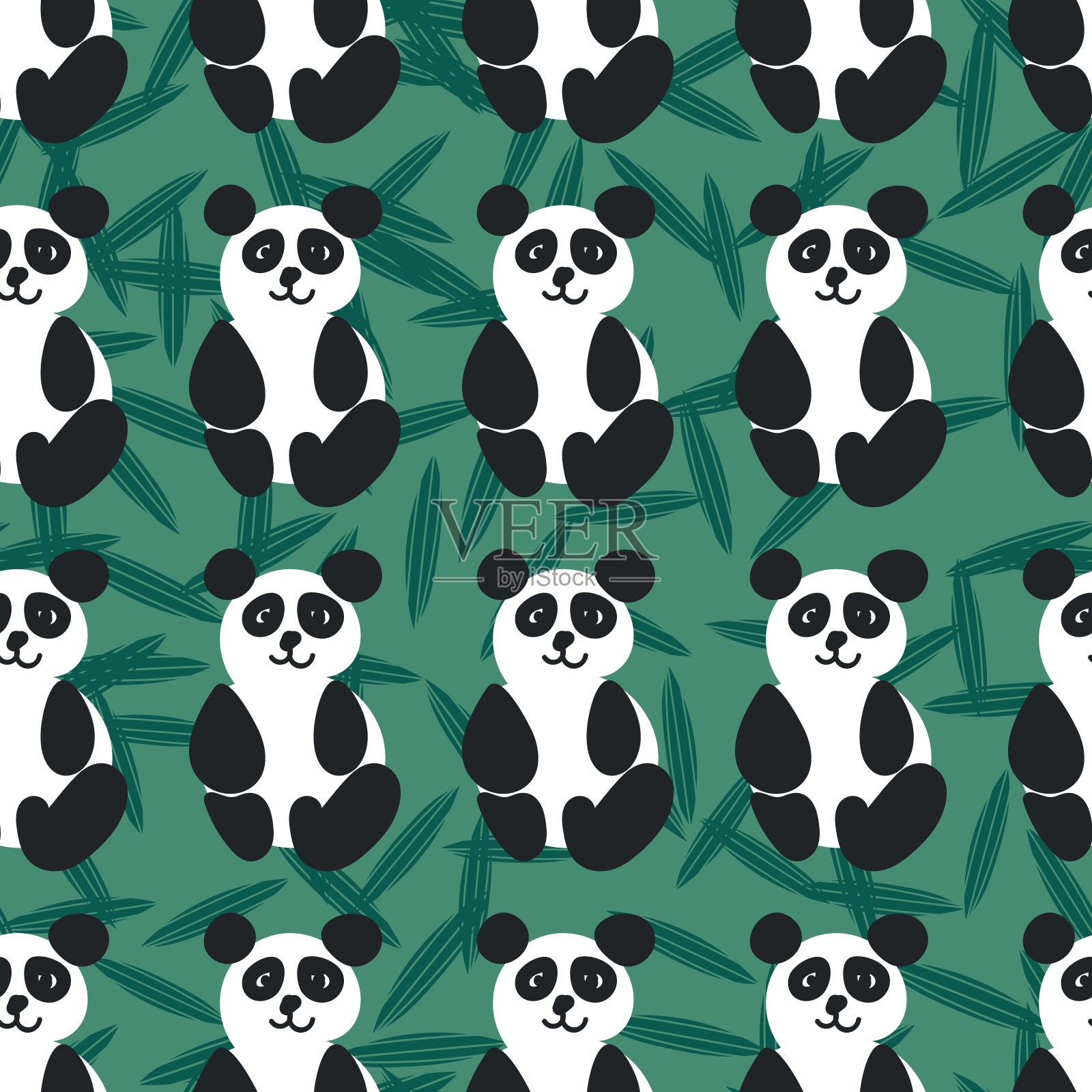 无缝矢量模式与友好的熊猫在绿色背景插画图片素材