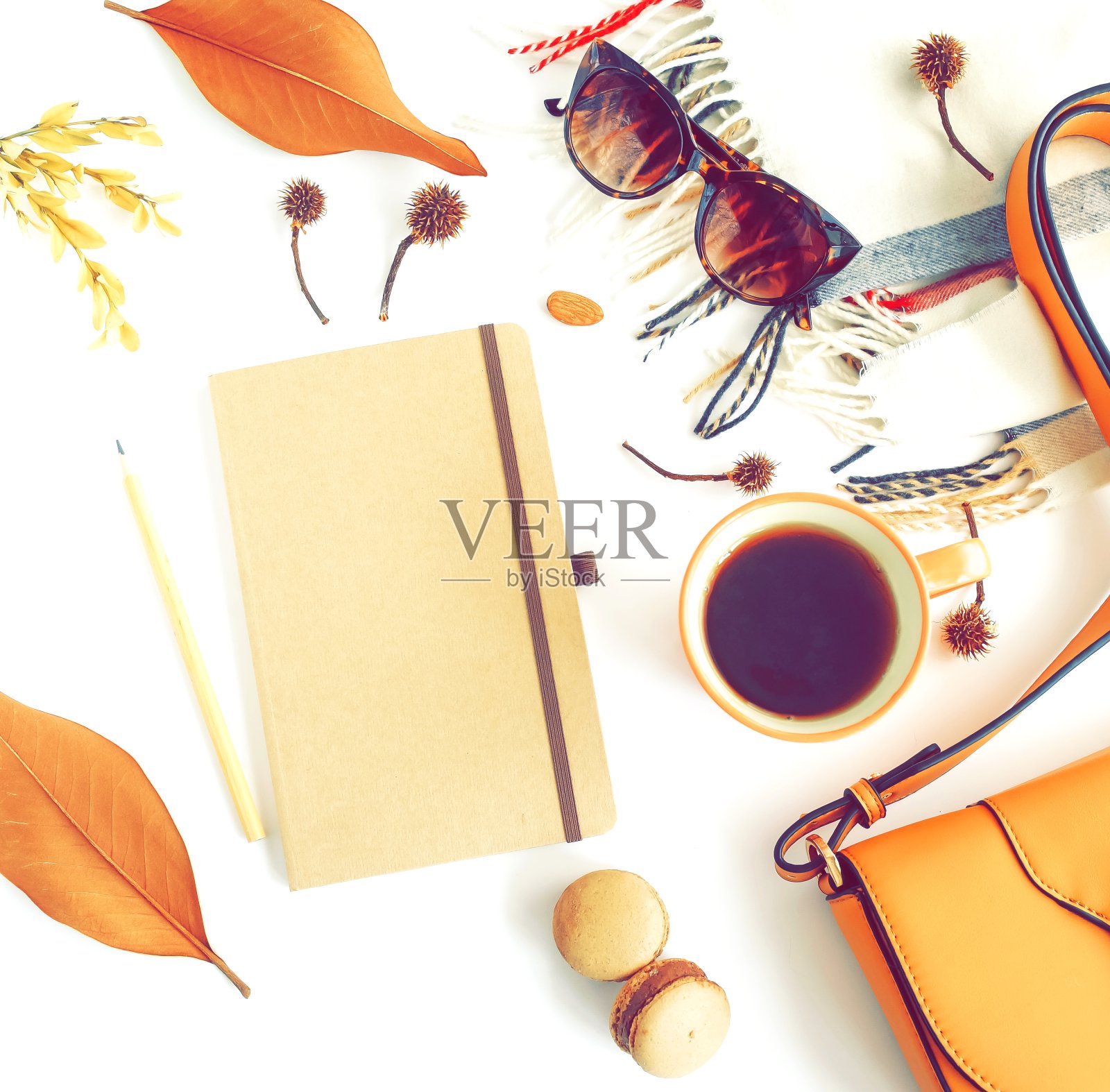 秋季组成与女性时尚配件俯视图上的白色背景色调。用包包、太阳镜、围巾、笔记本、秋叶、茶杯等平铺拼贴出女性风格。本空间照片摄影图片