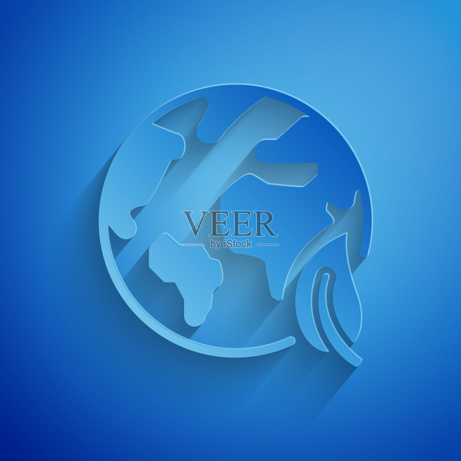 剪纸地球地球和叶子图标孤立在蓝色背景。世界或土相星座。几何形状。环境的概念。纸艺术风格。矢量图插画图片素材