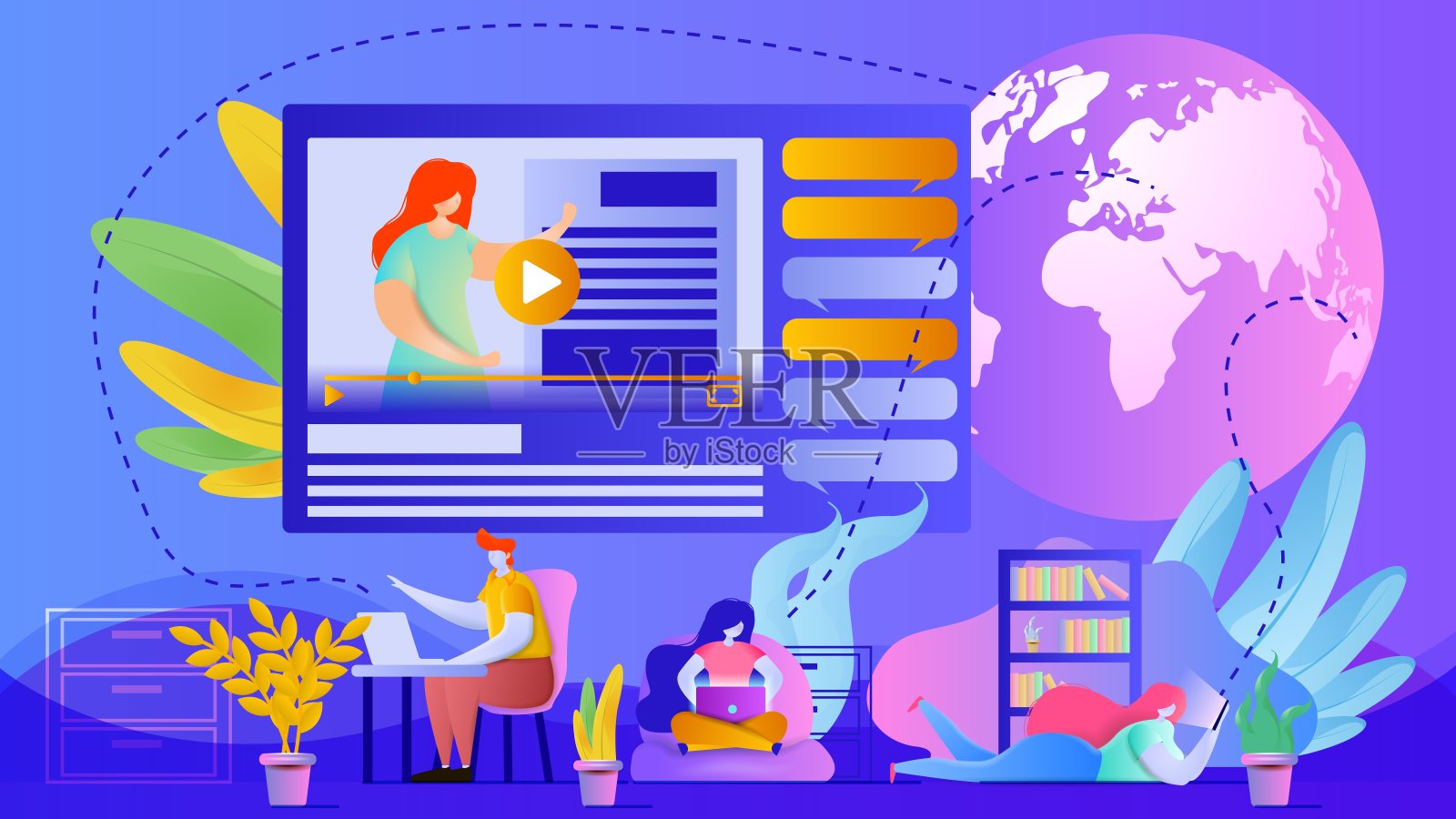 在线教育设计理念。平面矢量插图描绘人们在家里远程学习。插画图片素材