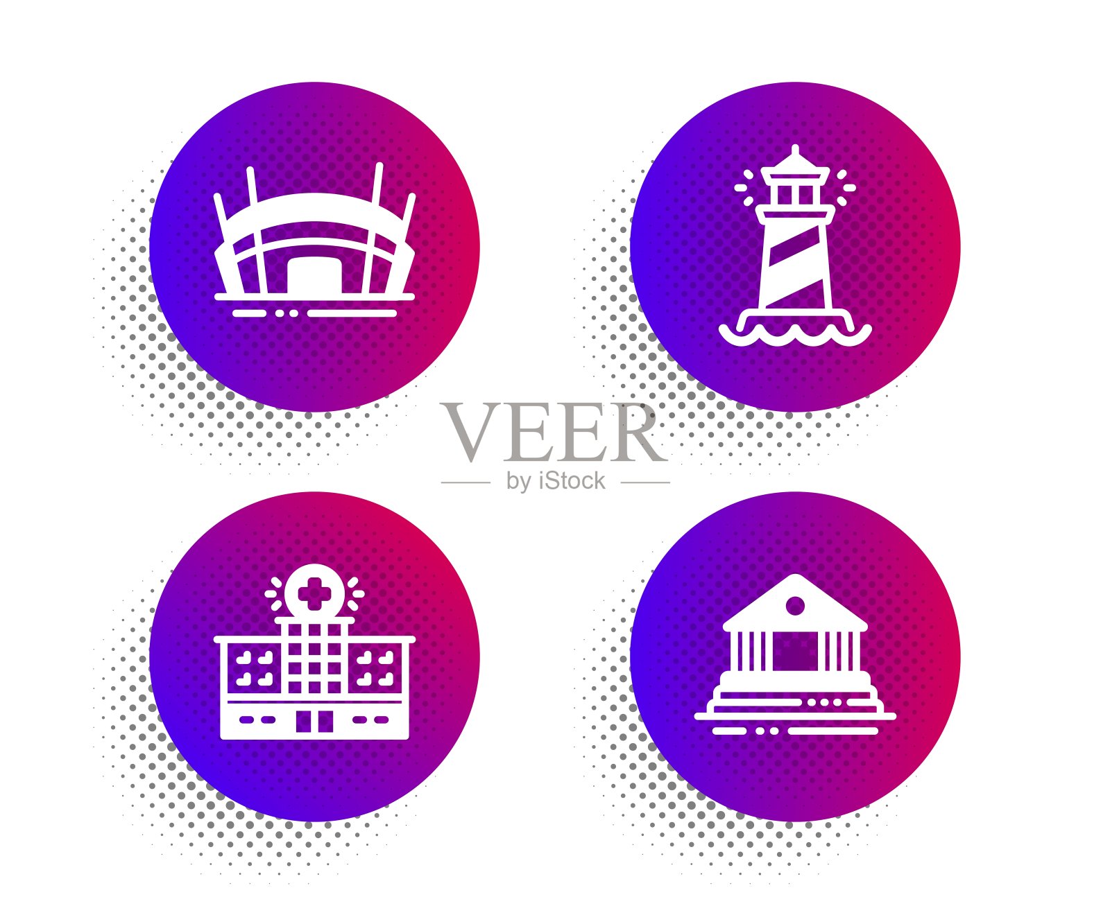 医院大楼，灯塔和竞技场体育场图标集。法院大楼的迹象。向量设计模板素材