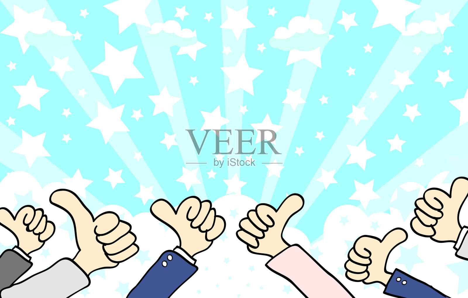 蓝色天空中竖起大拇指和星星图案的插图插画图片素材