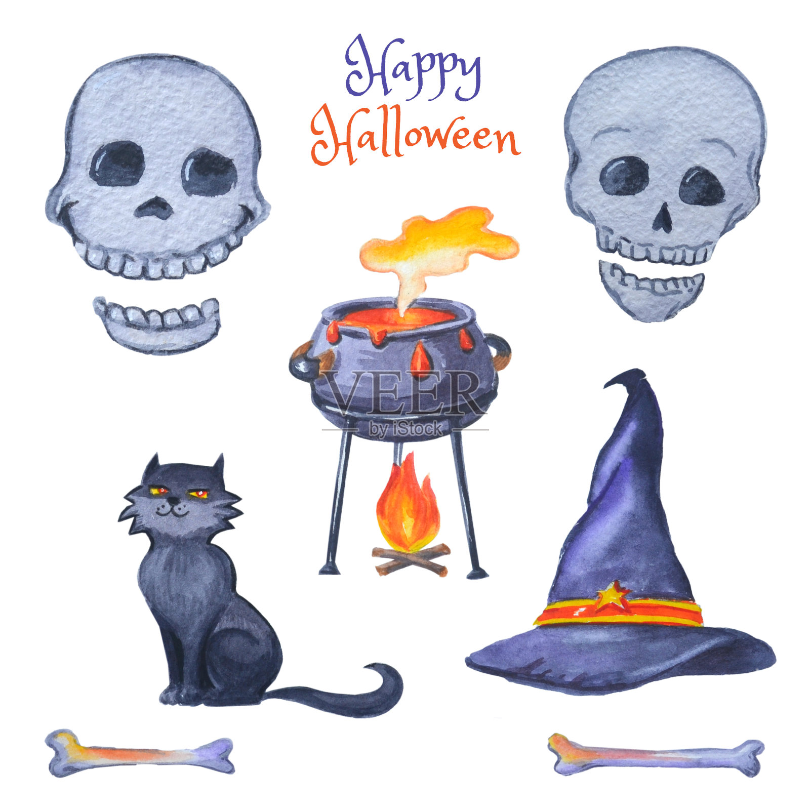 骷髅，黑猫，配药水的坩埚，万圣节快乐的骨头。插画图片素材