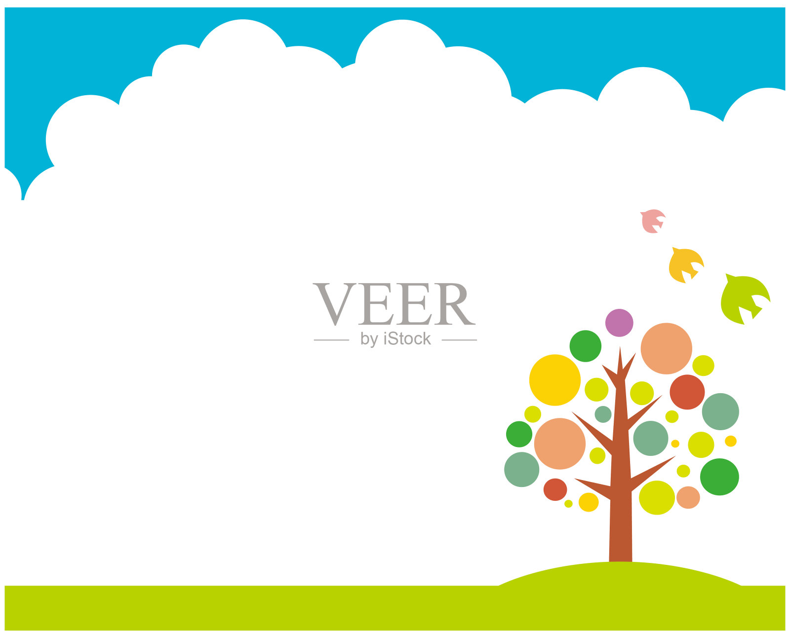 矢量插图。夏天的树。可爱的鸟。消息的名片。插画图片素材