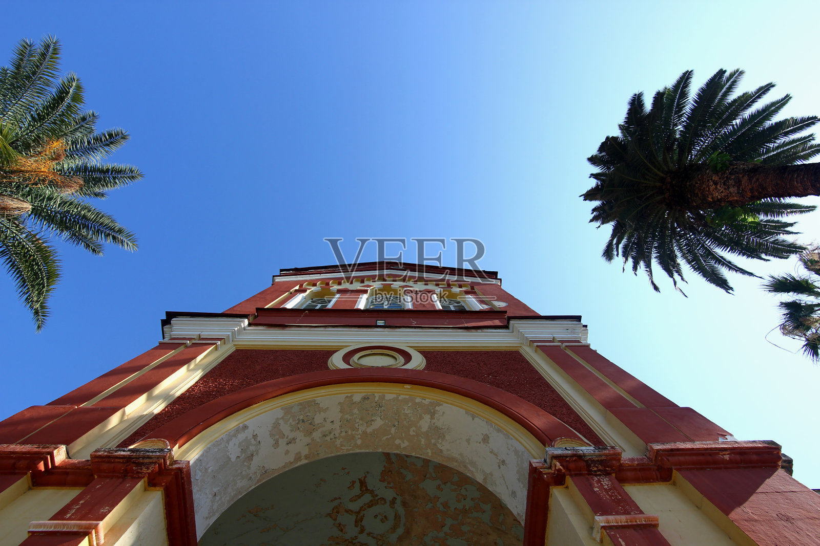 一棵高高的棕榈树映衬着美丽的建筑和蓝天照片摄影图片