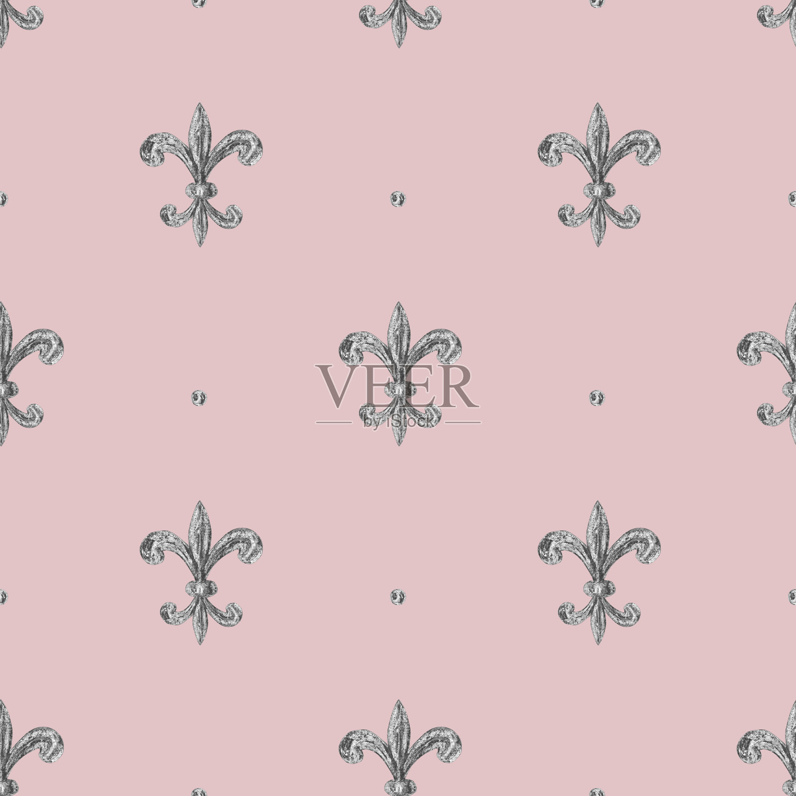 巴洛克风格银色元素装饰无缝图案，粉色背景水彩手绘金色元素纹理插画图片素材
