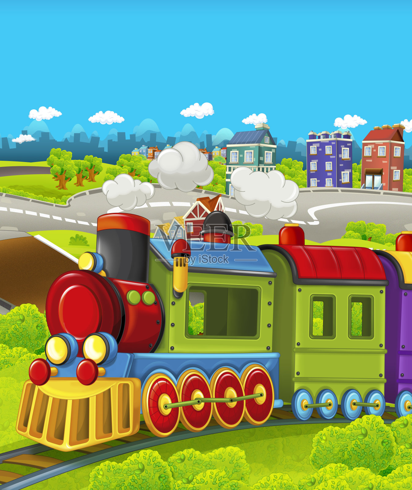 卡通有趣的蒸汽火车穿过城市插画图片素材