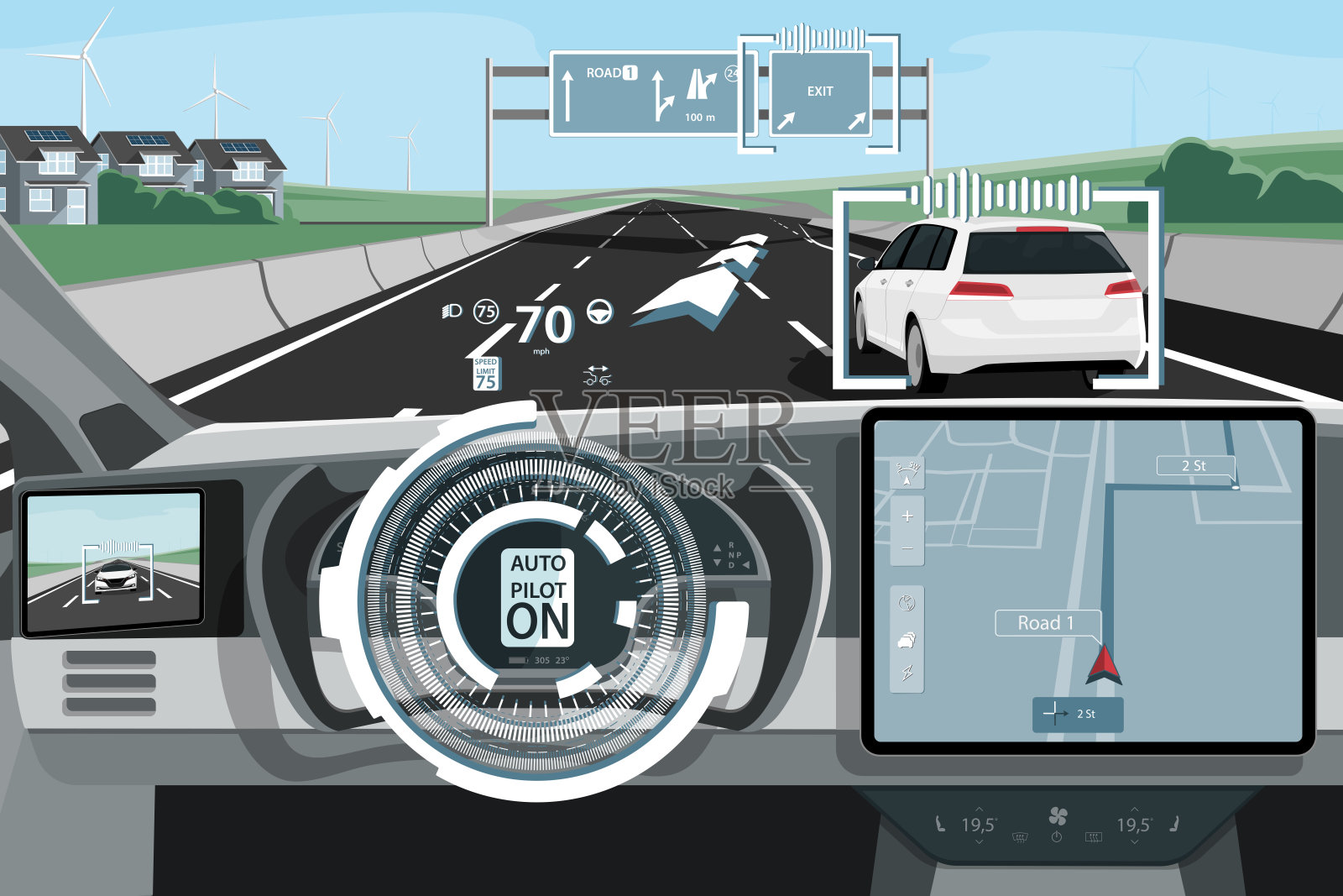 道路上的自动驾驶汽车插画图片素材