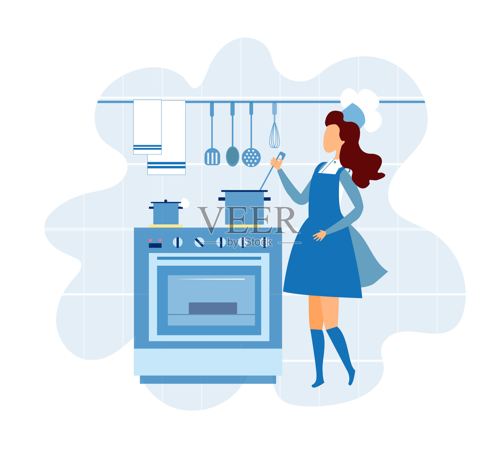 穿着厨师制服的年轻女子在厨房做饭设计元素图片