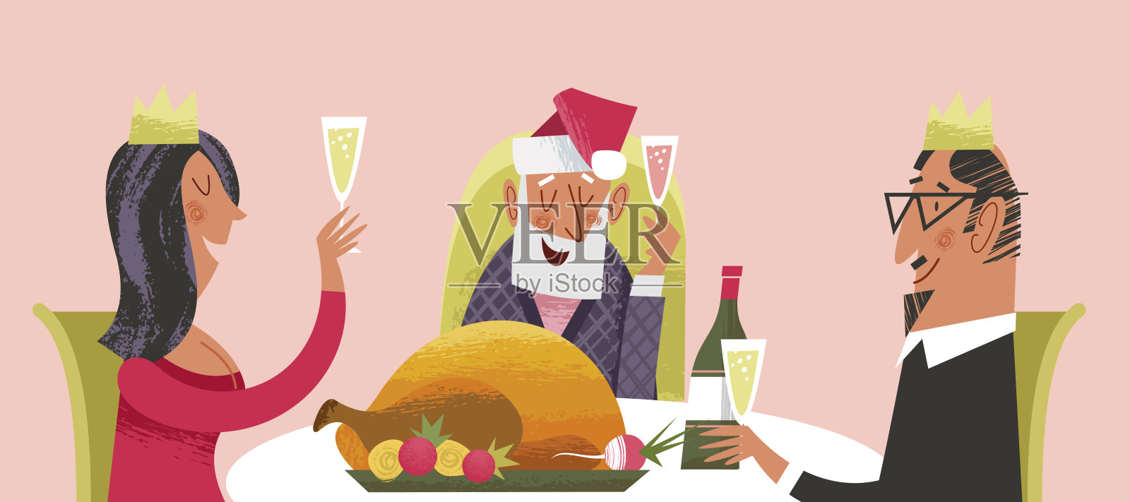 圣诞晚餐。全家欢度圣诞。向量的名片。设计模板素材