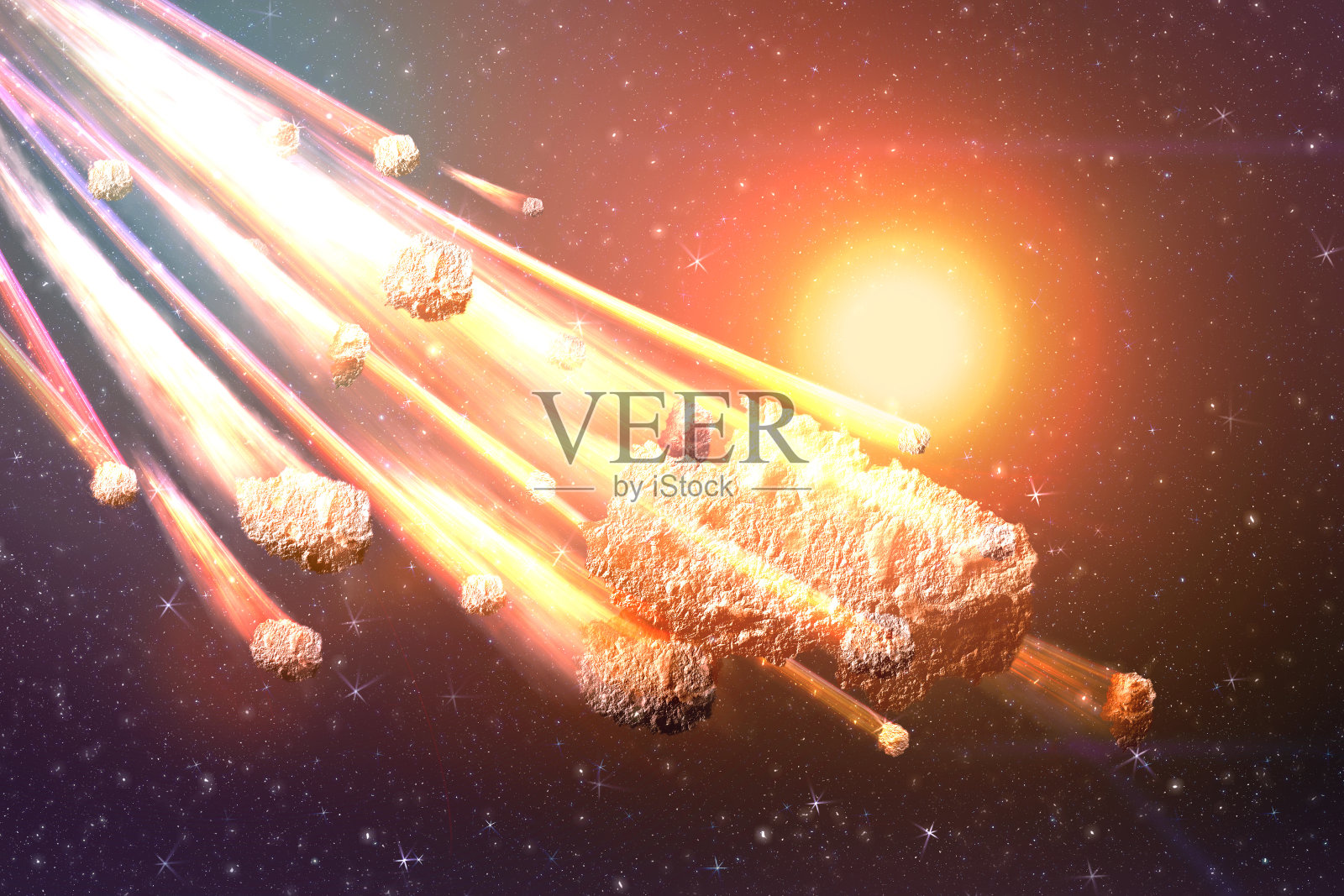 落下的流星雨。彗星在太空中，流星和能量，小行星发光。戏剧性的末日背景-审判日，世界末日，小行星撞击。3 d演示。照片摄影图片