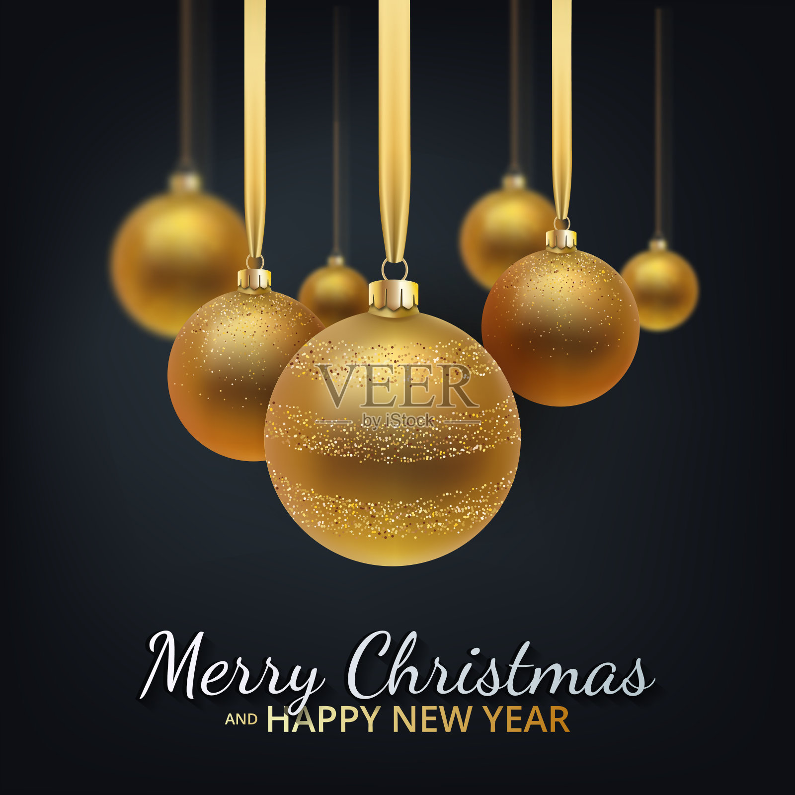 贺卡，邀请2020年新年和圣诞节快乐。金属金色的圣诞球，装饰，黑色背景上闪闪发光的五彩纸屑。矢量图设计模板素材