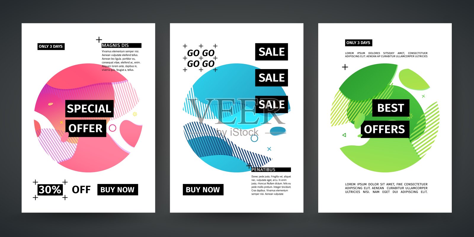 设置销售和报价横幅模板设计。抽象现代图形的圆形元素。传单与动态梯度颜色周围的形式和线。覆盖背景流动的液体形状。向量。插画图片素材