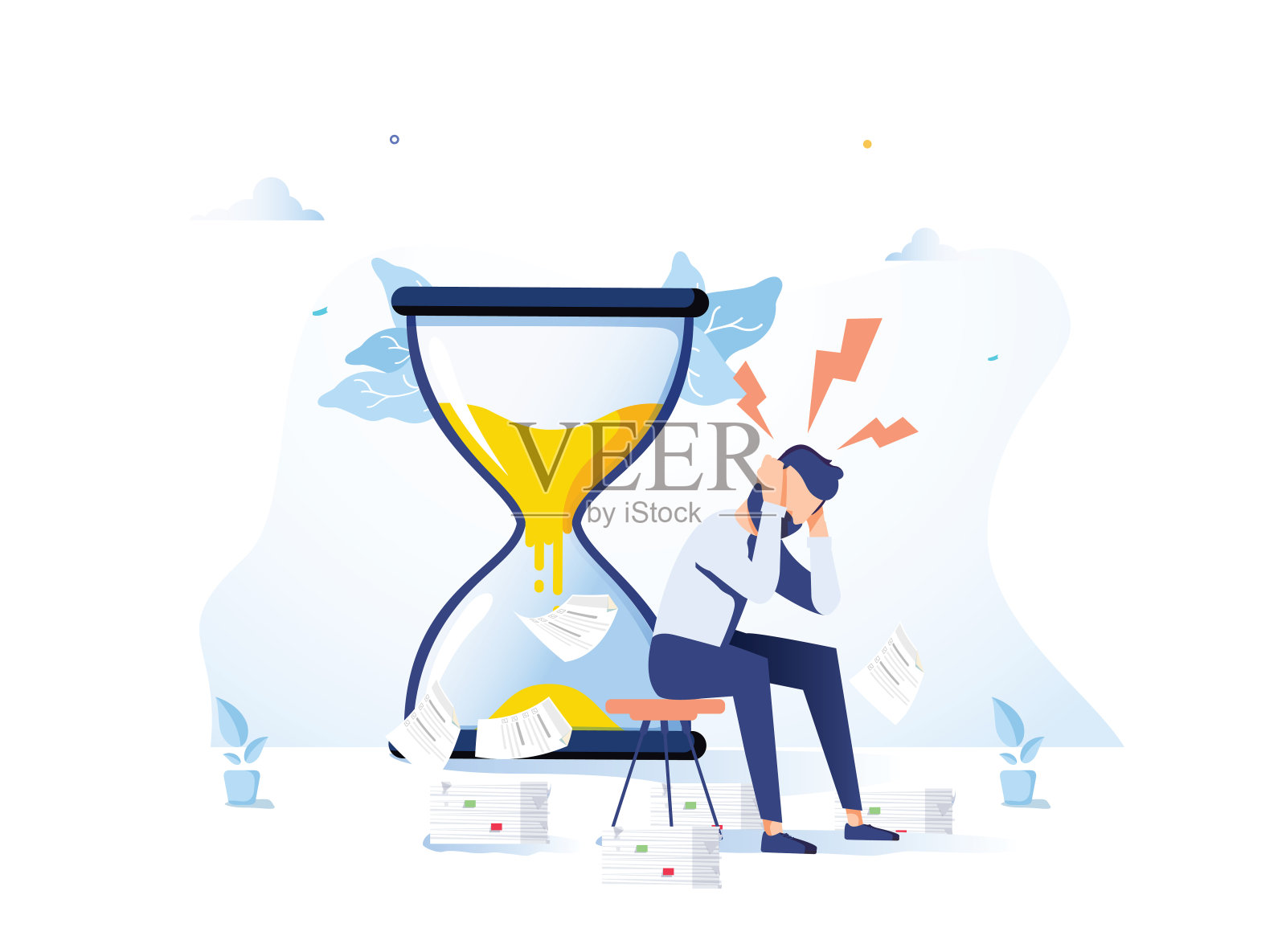 疲惫而愤怒的办公室职员坐在沙漏旁边，用商业文件抓着他的头插画图片素材