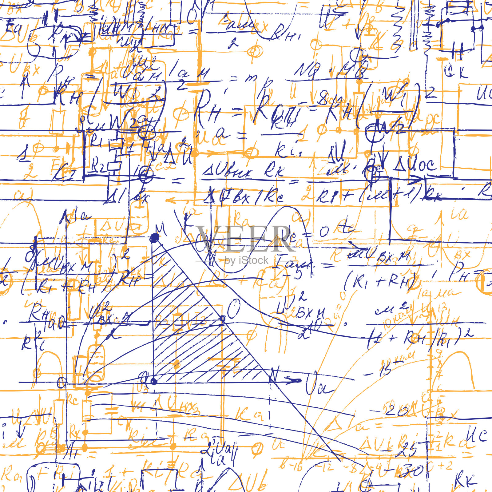 科学的无缝纹理，手写配方和电子元件。在白色上绘制各种图形解决方案。器件的物理原理图和电路。向量。插画图片素材