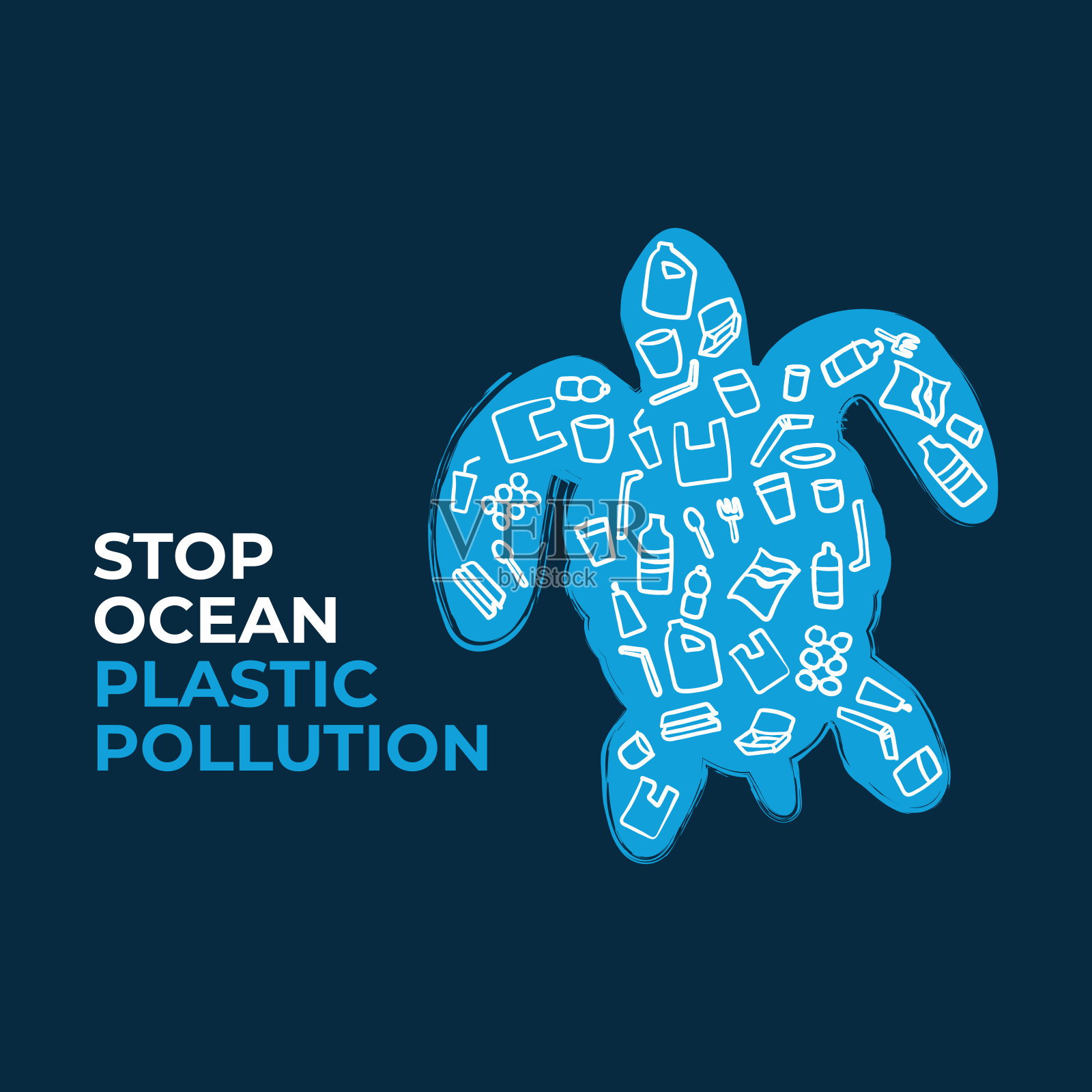 阻止海洋塑料污染。海龟由白色塑料垃圾袋组成，瓶子以蓝色为背景。生态运动。插画图片素材
