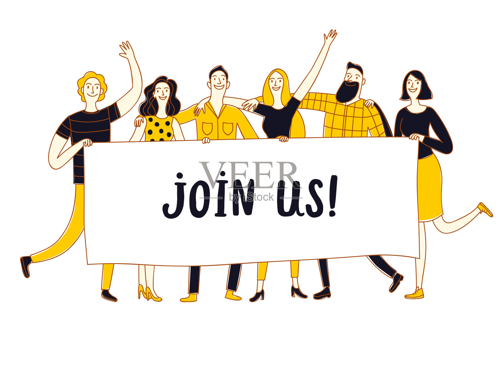 六名快乐的朋友举着大横幅加入我们的行列。插画图片素材