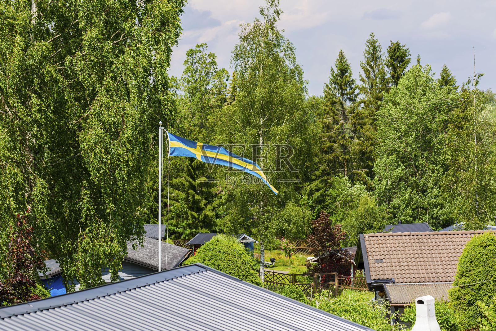 屋顶上的瑞典国旗。绿色的森林树木和蓝天的背景。瑞典。欧洲。照片摄影图片