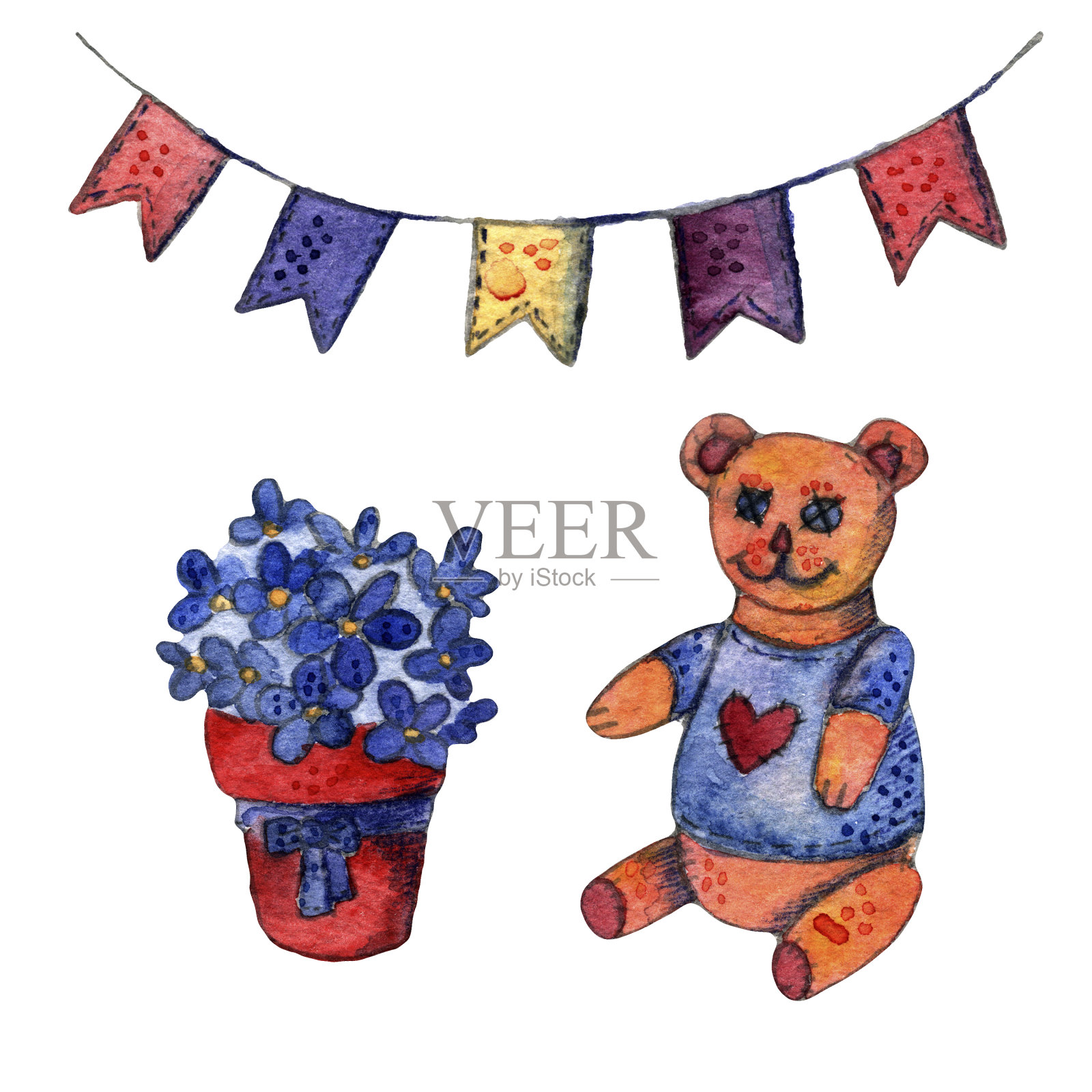 孩子的水彩。泰迪熊，花盆里的蓝色花朵，白色背景上孤立的多色旗帜插画图片素材