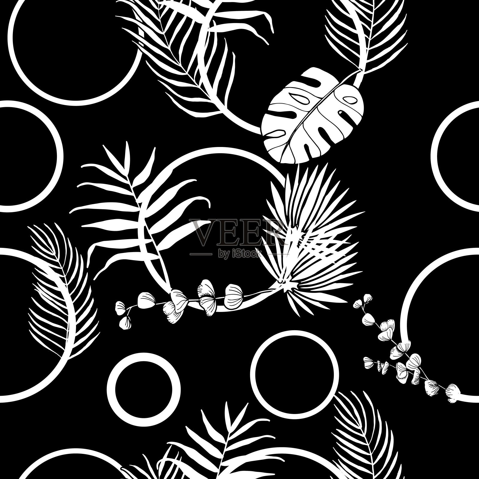 热带棕榈叶和圆形无缝花卉图案手绘叶子插画图片素材