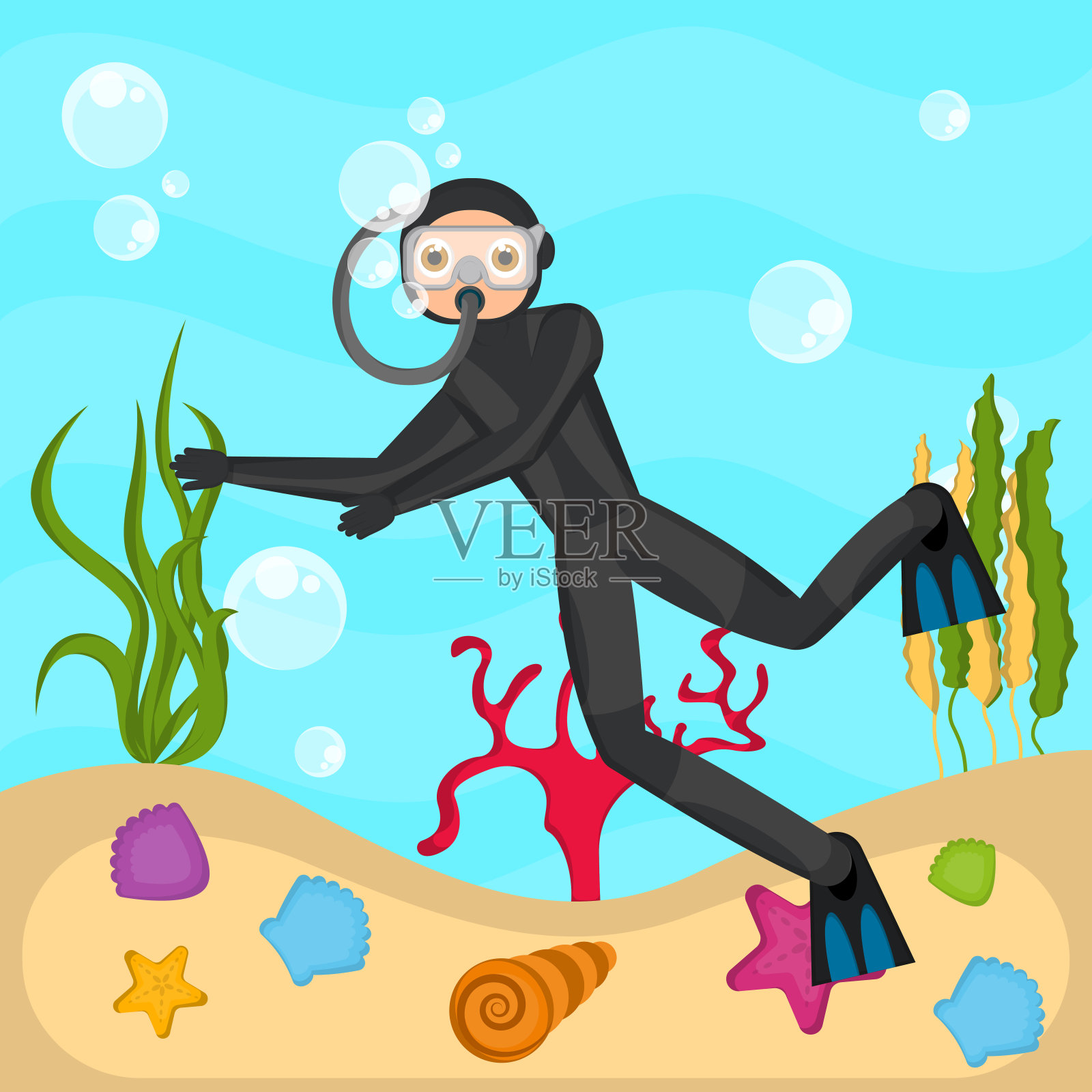 在海里潜水的潜水员插画图片素材