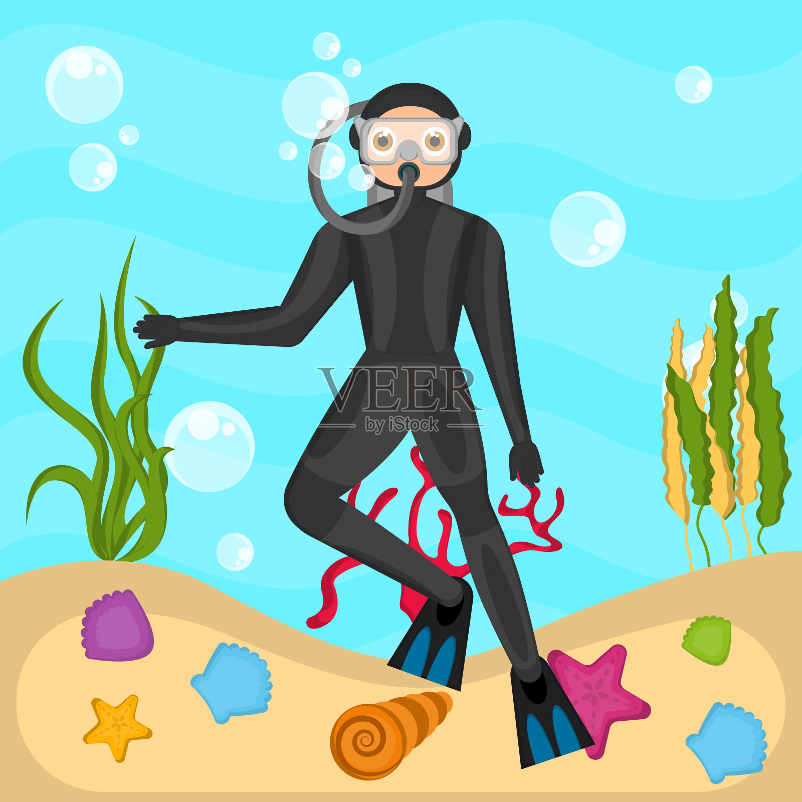 在海里潜水的潜水员插画图片素材