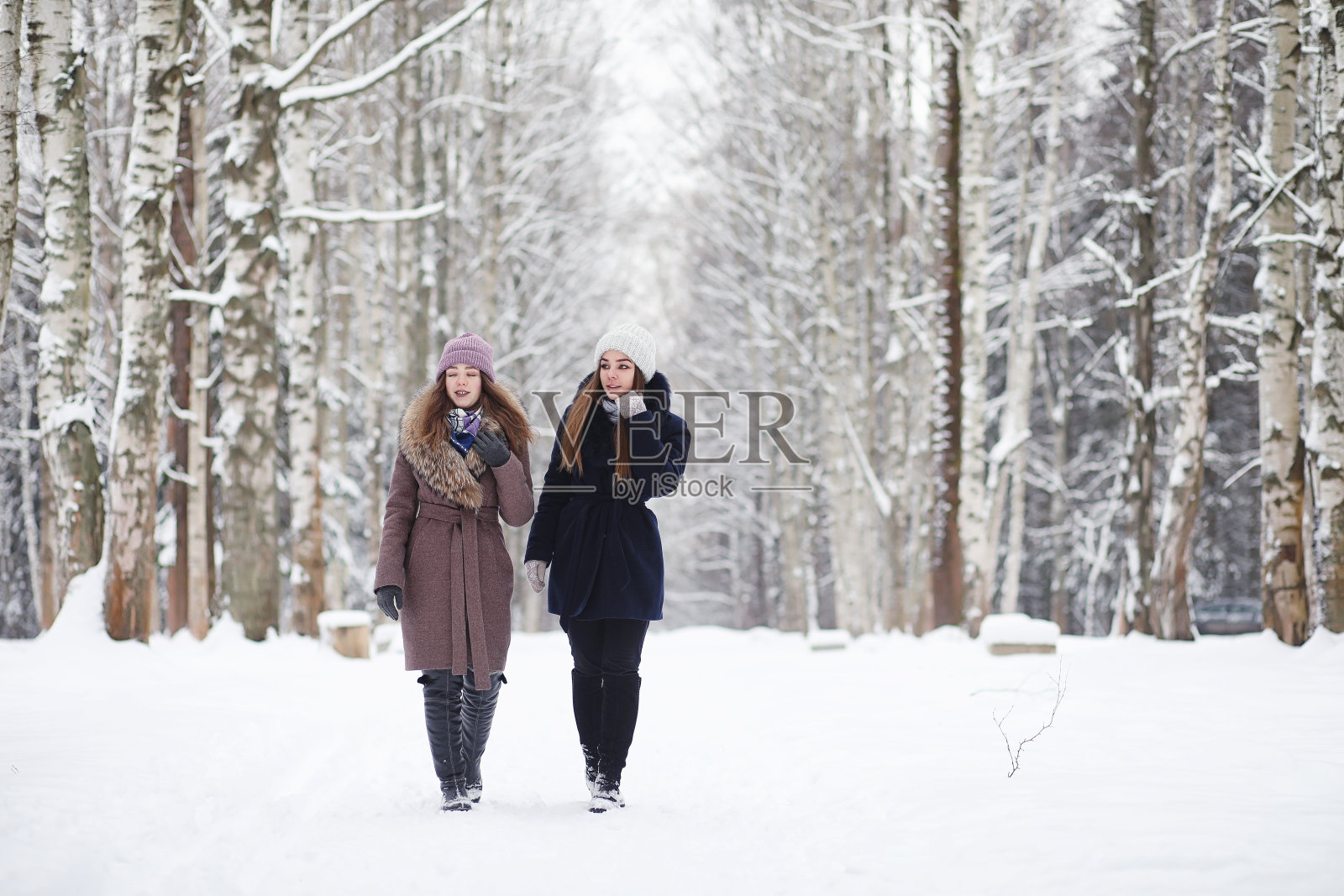 一个年轻的女孩在一个冬季公园散步。圣诞假期在冬天的森林里。女孩喜欢在公园里过冬。照片摄影图片