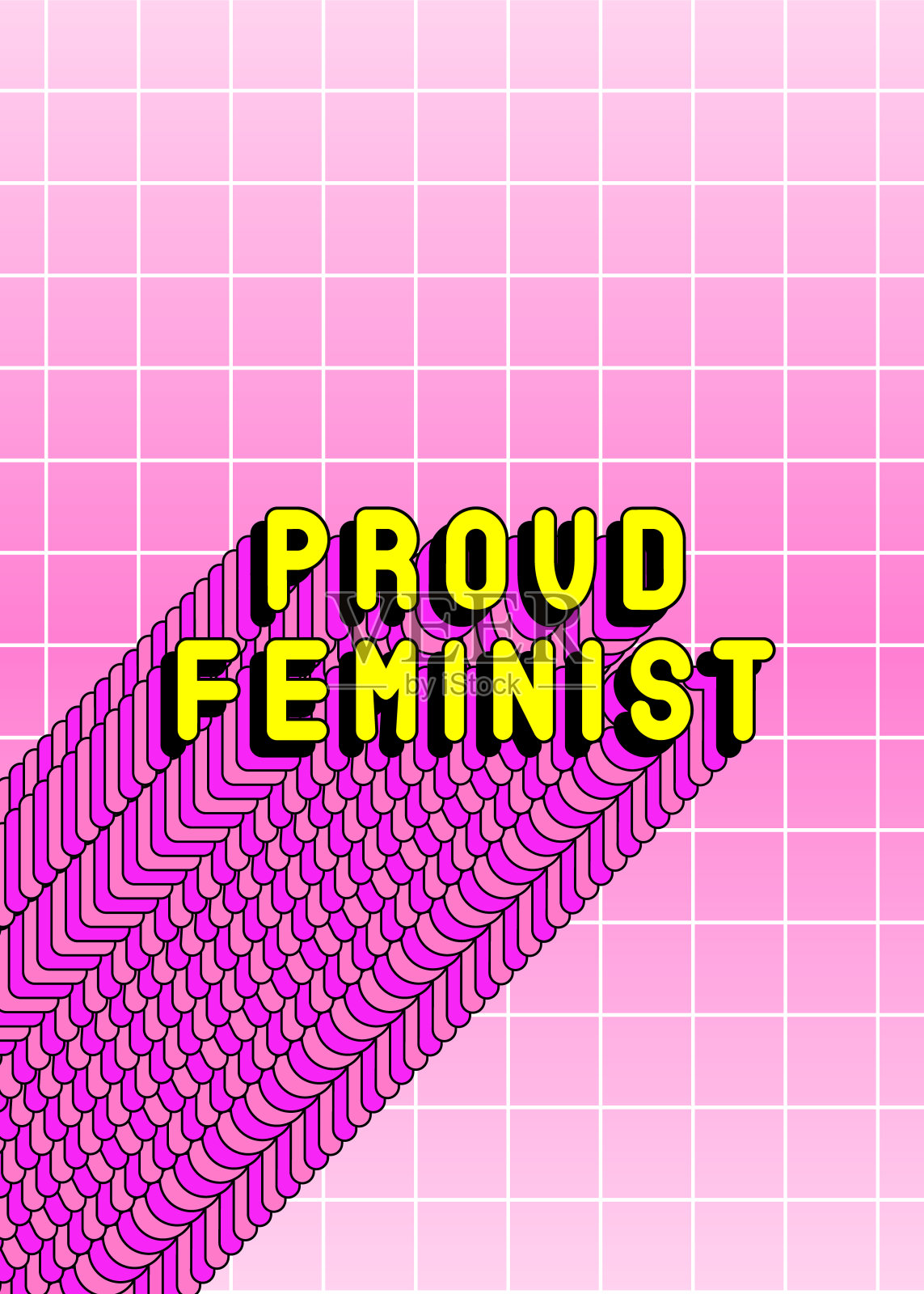 “骄傲的女权主义者”标语海报。彩色文本矢量插图。粉红色的背景网格。插画图片素材