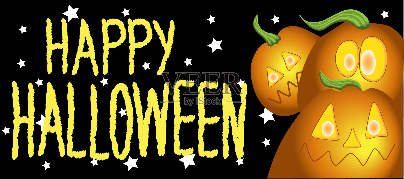 三个南瓜在一个黑色的背景，星星，黄色和橙色的颜色，贺卡设计模板素材