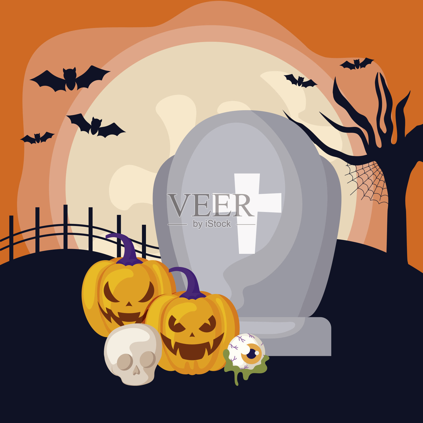 墓碑与设置图标在场景万圣节插画图片素材