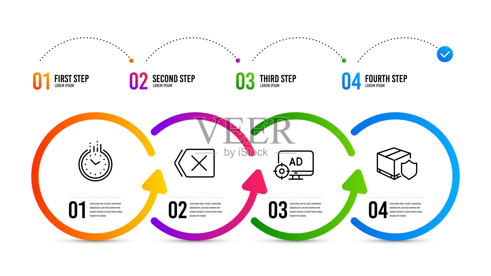 删除，Seo广告块和时间图标设置。交付保险标志。删除按钮，搜索引擎，时钟。向量插画图片素材