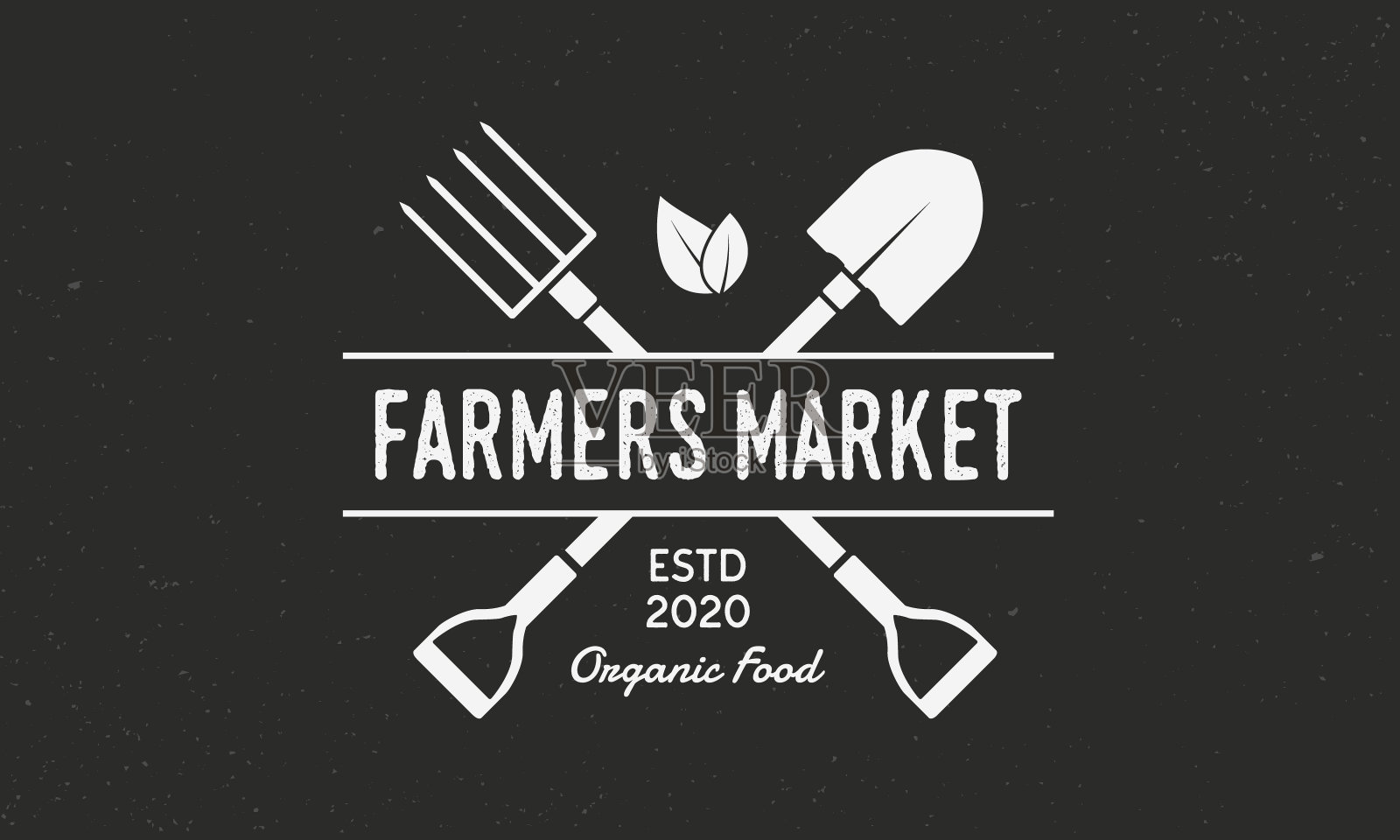 有机食品商店标志与铲和干草叉。农贸市场标志孤立在黑色背景上。矢量图插画图片素材