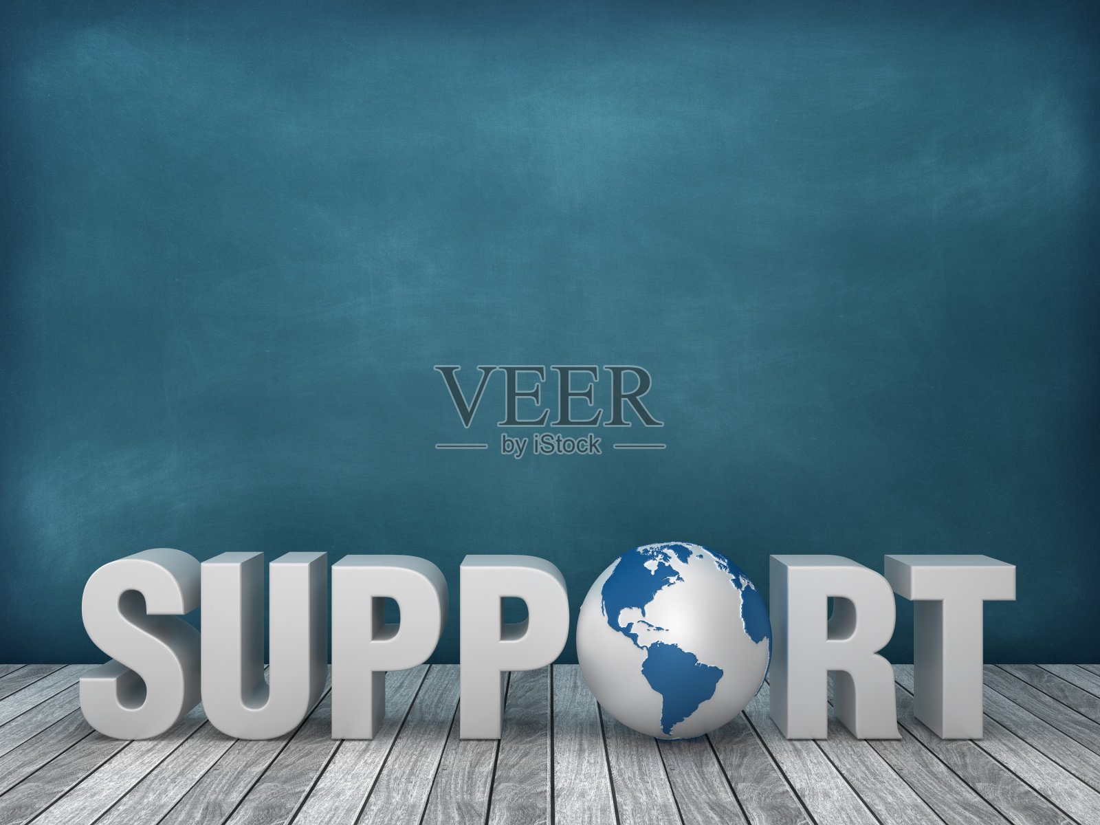 3D Word支持与全球世界在黑板背景- 3D渲染照片摄影图片