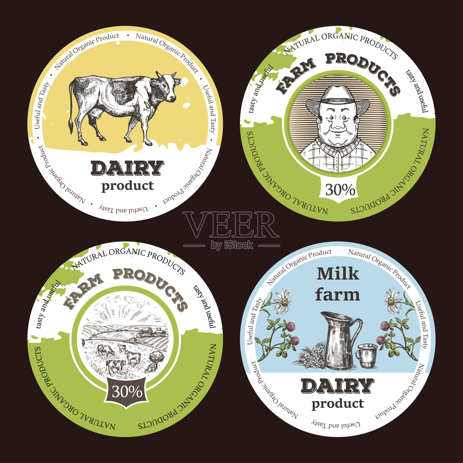 一组圆形背景。奶牛，农民，野花，水壶，牧场。插画图片素材