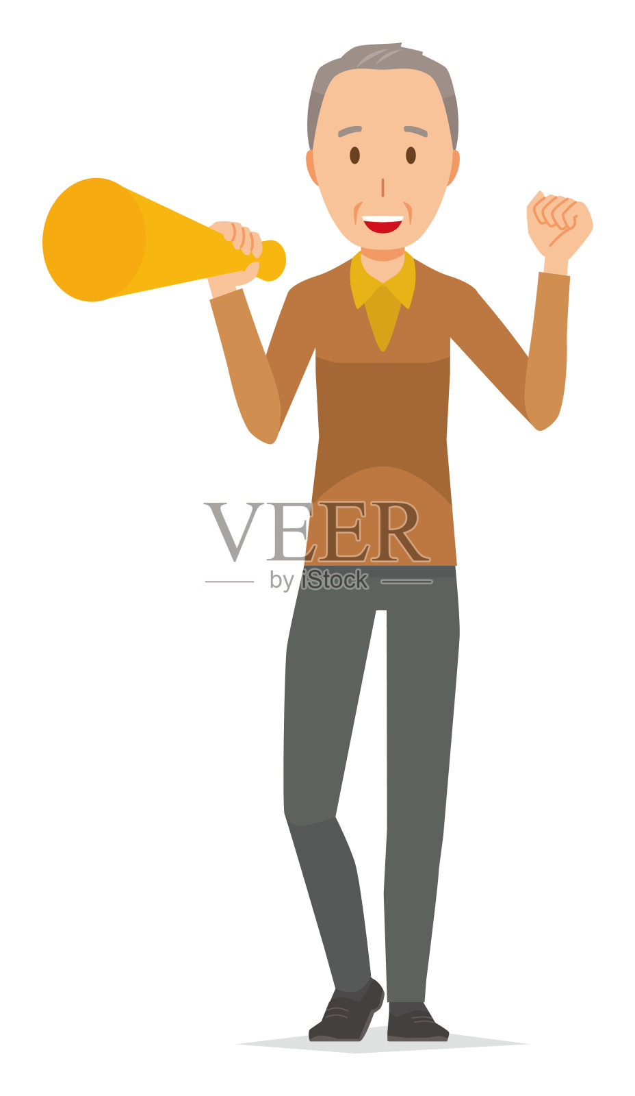 一位穿着棕色衣服的老人有一个扩音器插画图片素材