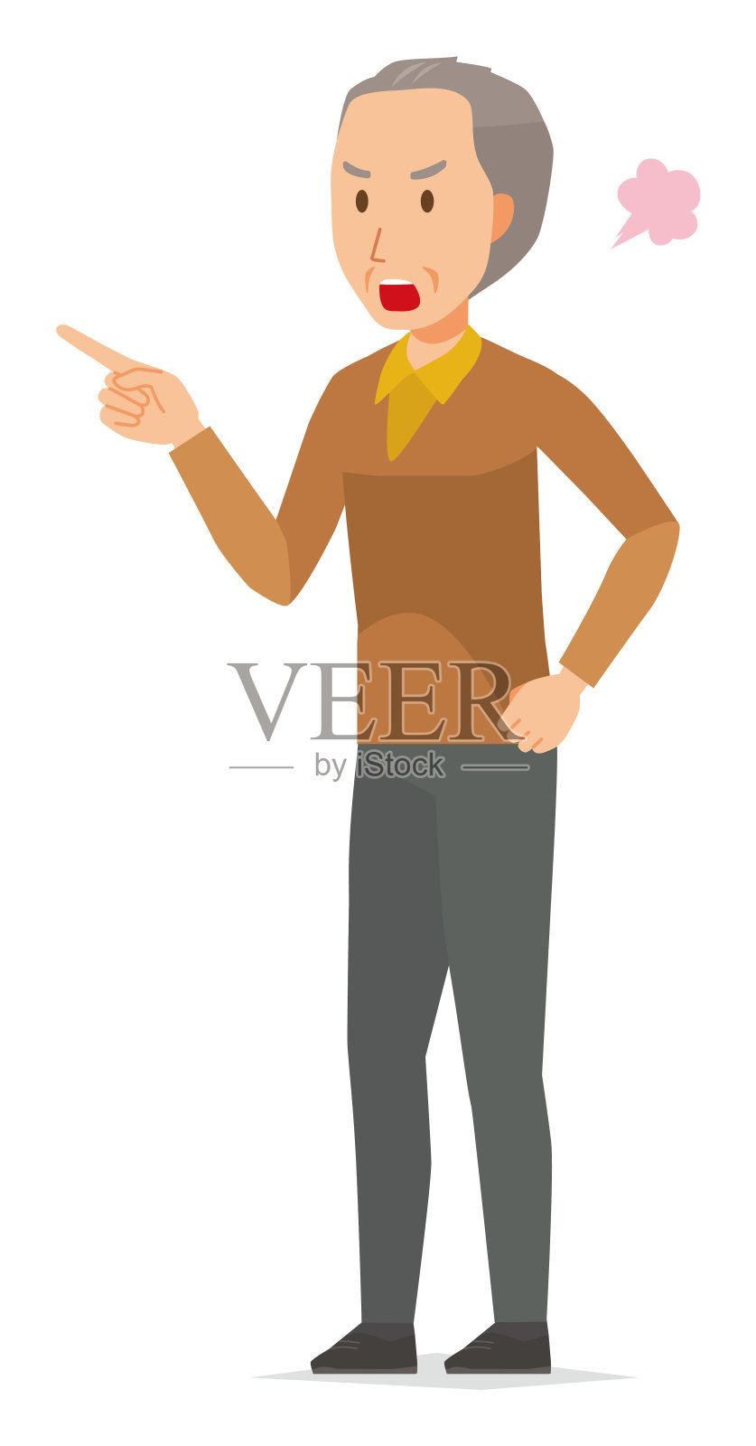 一个穿着棕色衣服的老人正在愤怒地指着一个手指插画图片素材