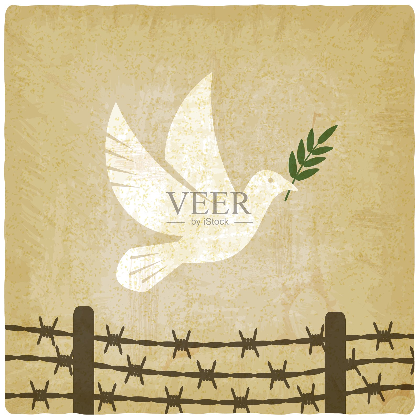 象征和平的白鸽飞过铁丝网的复古背景插画图片素材
