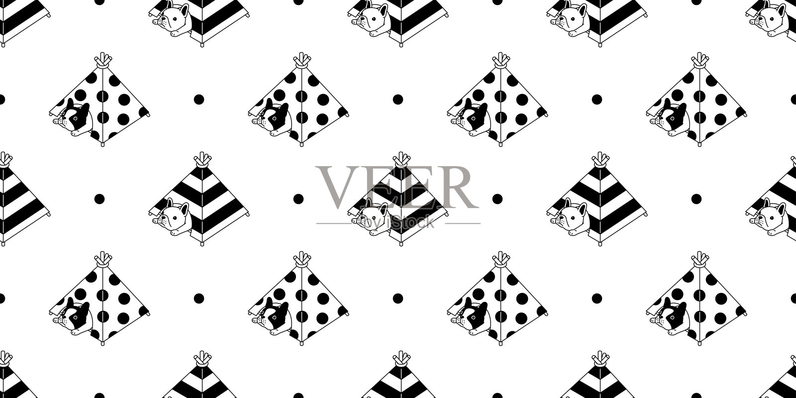 狗无缝图案法国牛头犬向量帐篷房子睡觉骨头玩具卡通围巾孤立的瓷砖背景条纹波尔卡点重复墙纸涂鸦插图设计插画图片素材